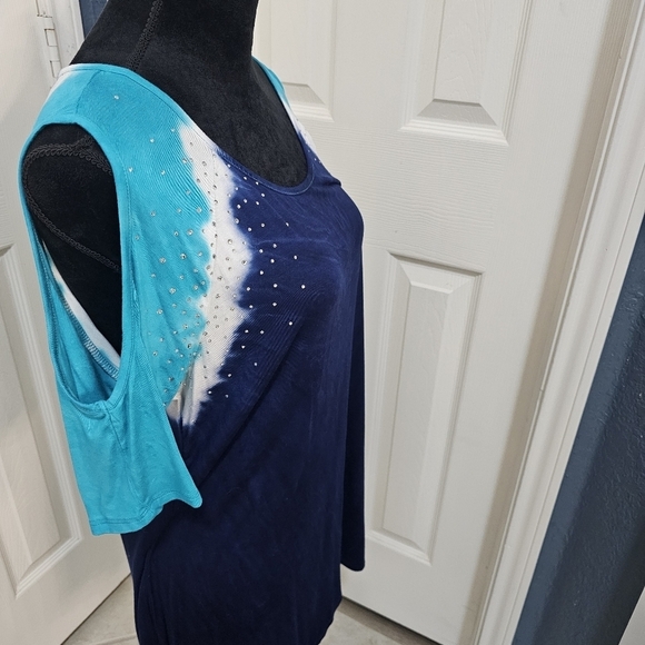 Belldini Open Sleeved Aqua, Navy Blue & White short sleeved shirt w Bling Large - Picture 2 of 9